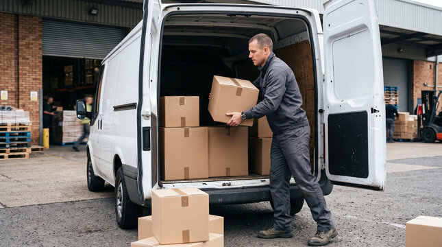 A man in a grey uniform loads cardboard boxes into a white delivery van at a warehouse loading dock. Logistics operation, package delivery, supply chain, shipping service, commercial transport.
