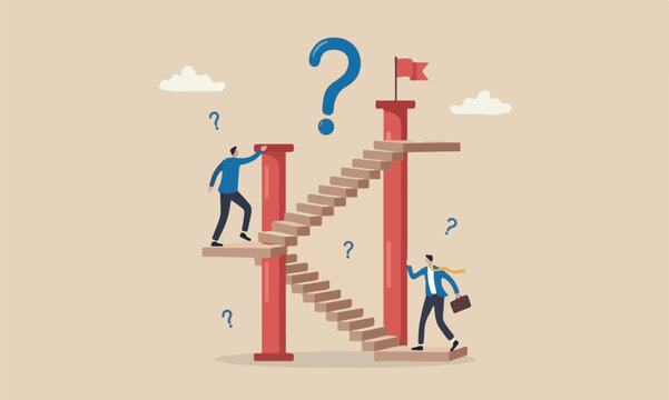 Business different,flag on red pillars fake or real, possible and impossible concept, ambitious businessman walk up stair while in paradox he walking down