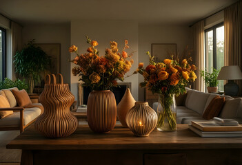 Fototapeta premium Interior design and home comfort, autumn floral arrangements in textured ceramic vases on a wooden table in a cozy living room with warm lighting