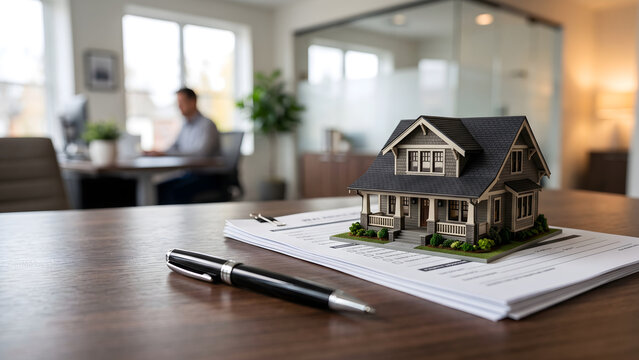 Miniature house model on office desk with legal documents for real estate mortgage planning