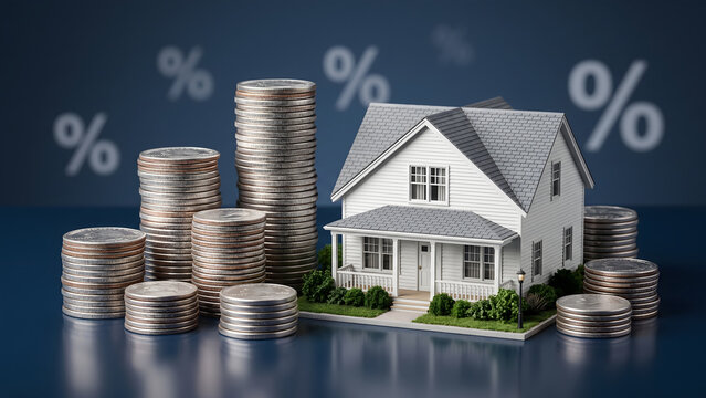 Residential Property Investment Concept with Stacks of Silver Coins and Interest Rate Symbols