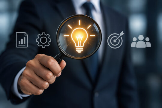 Businessman examining illuminated light bulb through magnifying glass emphasizing innovation discovery insight and strategic problem solving for startup strategy and idea development