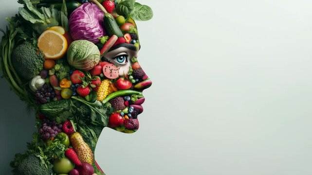 A womans profile made from different fruits and vegetables combined in a vibrant arrangement against a light background