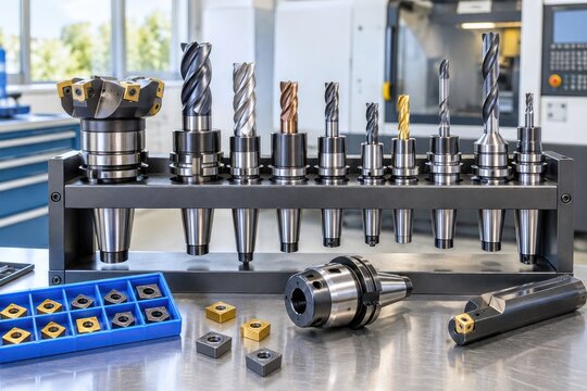 Professional CNC milling machine cutting tools, carbide drill bits, and indexable inserts neatly arranged on tool holder rack in modern industrial manufacturing workshop