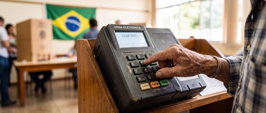 Voter pressing button on electronic voting machine during national election at polling station