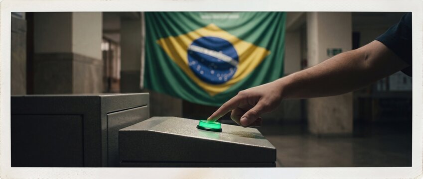 Person pressing green button on voting machine at polling station