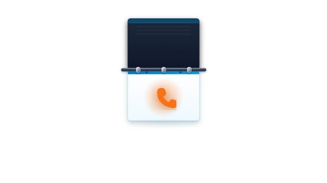 Three icon cards (location, email, phone) flip in sequence on a top hinge until the phone card settles in front with a gentle vibration. Seamless 6-second 4K alpha loop for contact and business inform