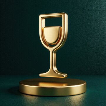 Gold vermouth glass icon stands on luxury podium. 3D render shows shiny golden cocktail symbol on dark green background. Elegant metal drink sign for premium brand logotype social media graphic