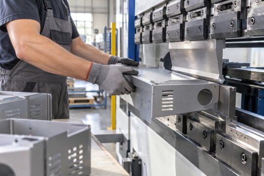 Professional industrial worker operating heavy machinery pressing sheet metal in modern manufacturing factory, metalworking production line, close-up