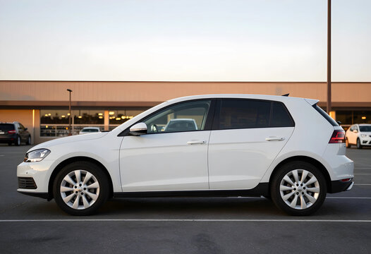 Automotive transportation and personal mobility, white hatchback car parked in a commercial parking lot during sunset for travel and commuting needs