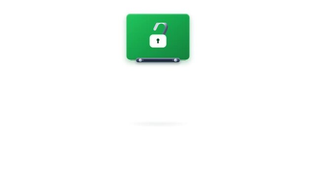 A two-sided panel swings on a top hinge from a locked padlock to an unlocked one, settling with a small rebound and a soft shine. Seamless 6-second 4K alpha loop for security, access and premium unloc