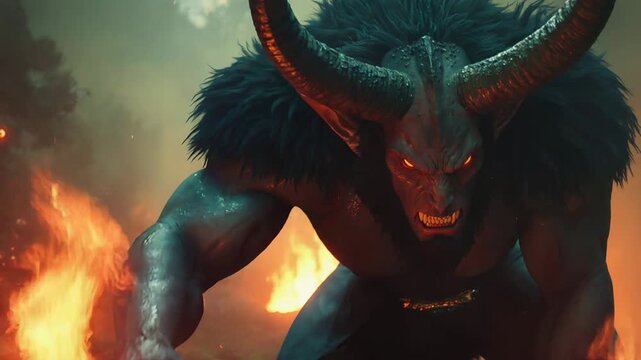 Horned demon monster crouching in a raging fire field. Furious dark creature with glowing eyes emerging from flame. Mythological fantasy villain in hell scene.