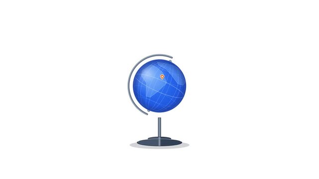 A world globe is pushed, spins with natural friction and slows until the location pin faces the camera with a soft pulse. Seamless 6-second 4K alpha loop for travel, logistics and global business cont