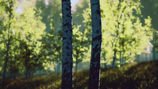 Golden birch trunks framed by warm light, textured bark and narrow vertical composition. Scene suggests intimate study by botanist or closefocus photographer,