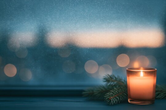 Candle beside evergreen branch
