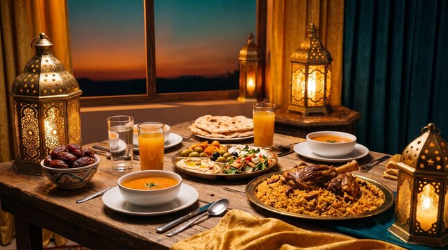 Ramadan Iftar Table With Dates Lanterns and Traditional Dishes