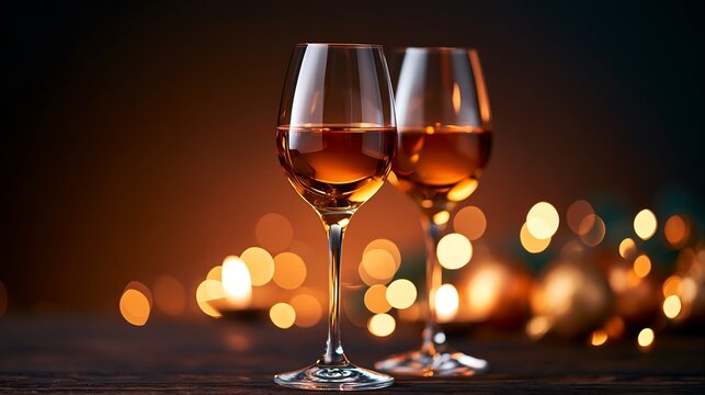 Calm, intimate setting with wine glasses and festive lights