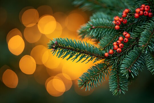 Detailed view of pine branch with bright red berries