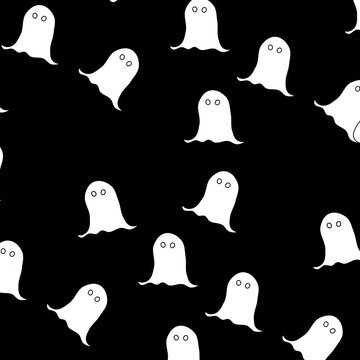 Cute halloween seamless pattern with white ghosts on black background