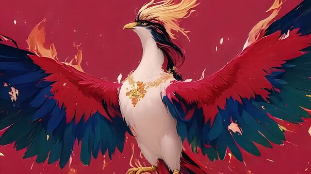 Magnificent phoenix with colorful wings spreading in magical flight. Legendary fire bird rising with golden ornament. Mythical creature of fantasy and rebirth tale.