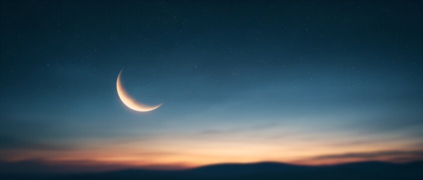 Dreamy night sky with a glowing crescent moon