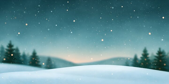 Winter wonderland at dusk with soft snowfall over pine trees and hills