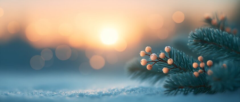 Snowy pine branch with berries bathed in golden sunset light