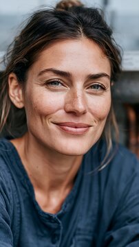Close-up portrait of a smiling woman with natural makeup and relaxed attire