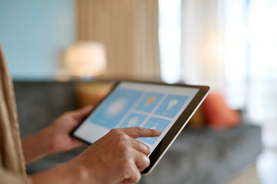 Close-up of hands interacting with touchscreen device indoors