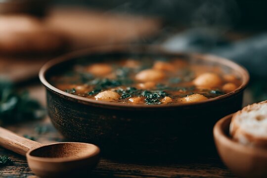 Chickpea soup steaming in dark bowl