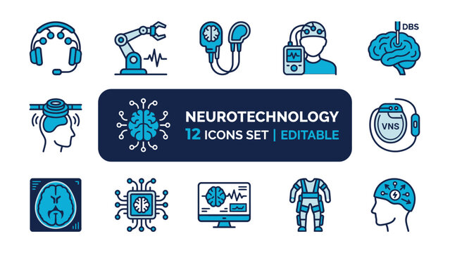 Neurotechnology Icon Set: A comprehensive collection of stylized icons representing various aspects of neurotechnology, including brain interfaces, robotic arms, medical devices, and brain imaging.