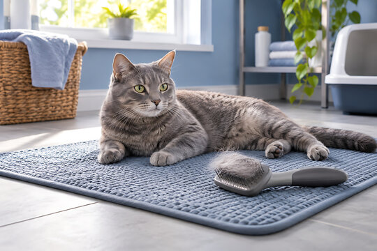 Cat resting beside a grooming brush on a washable mat