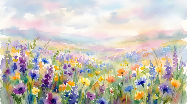Vibrant wildflower meadow under a soft pastel sky evoking peace and tranquility