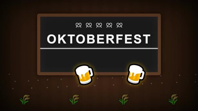 Oktoberfest Celebration Sign with Beer Mugs and Pretzels Graphic Animation.