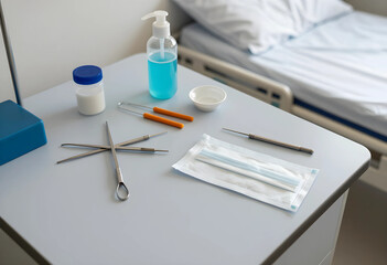 Fototapeta premium Healthcare hygiene and medical safety, surgical tools and protective face mask on a hospital bedside table for patient care and clinical infection control