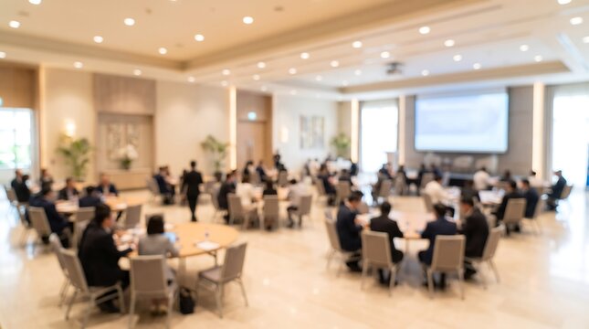 Out of focus professional business meeting in large bright conference hall with groups of people sitting at tables during corporate seminar event and presentation in modern hotel