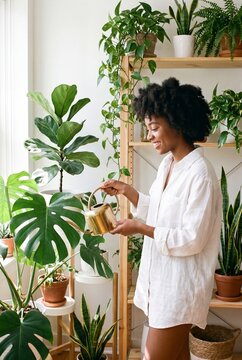 Woman Watering Houseplants in Bright Urban Jungle Apartment