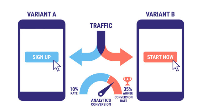 A/B testing split comparison vector illustration, mobile app conversion rate analytics, website traffic optimization experiment