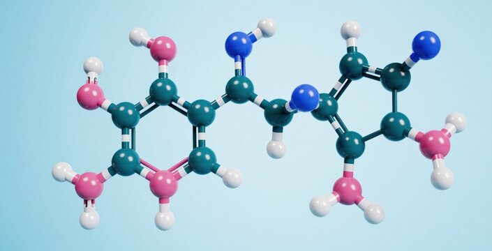 3D model of dexmethylphenidate molecule showing chemical structure with colored atoms. Molecular formula with carbon nitrogen oxygen, hydrogen spheres on light blue background. Scientific