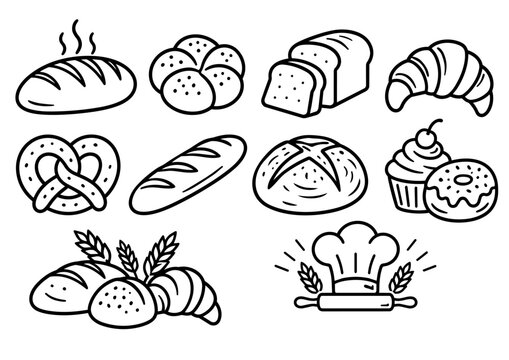 Bakery icon set, hand drawn bread, croissant, pretzel and pastry linear doodles