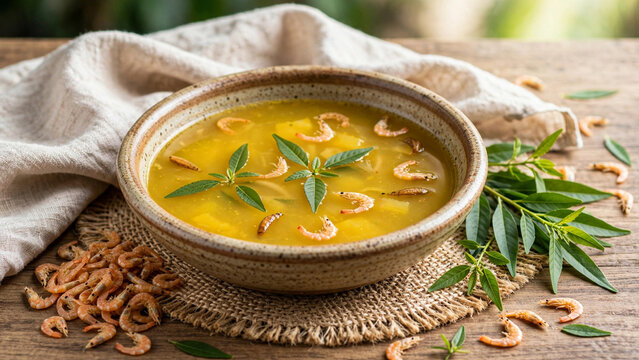 Tacaca Brazilian Amazon tucupi soup with dried shrimp jambu leaves bowl