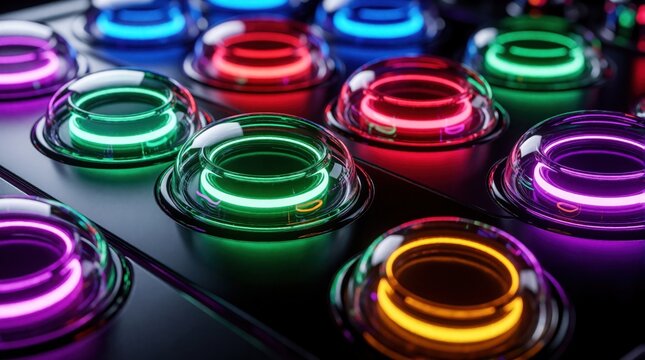 Close up of glowing neon buttons on futuristic control panel. Colorful luminous light rings shine in red green blue purple, orange. High tech electronic interface with digital light elements for sci