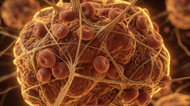 Microscopic view of cg blood cells trapped in fibrous mesh