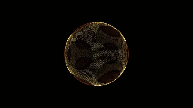 Cinematic 3D particle dynamics simulation of golden desert sand grains aggressively sucked by an attractor force field into a compacted soccer ball, holding for two seconds with sparkling quartz facet