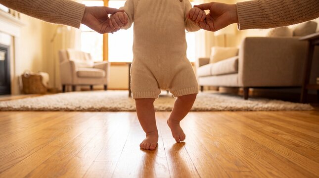 Baby Taking First Steps Holding Parent Fingers on Wooden Floor