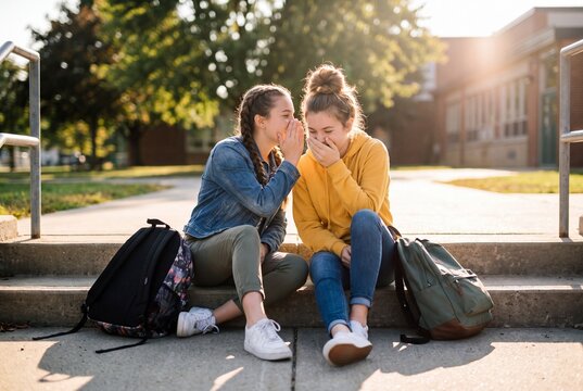 Two Teenage Best Friends Whispering Secrets and Giggling Outdoors