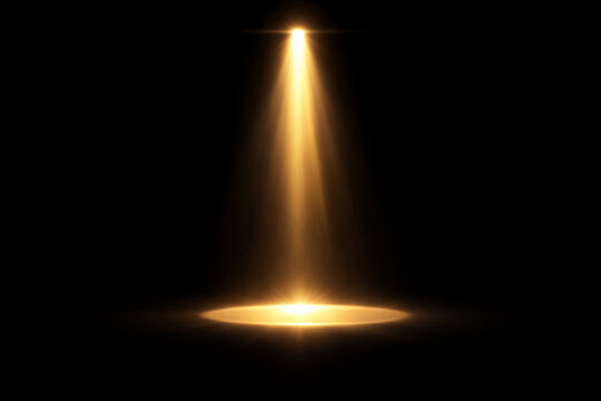 Golden vertical spotlight beam ending in a glowing elliptical pool