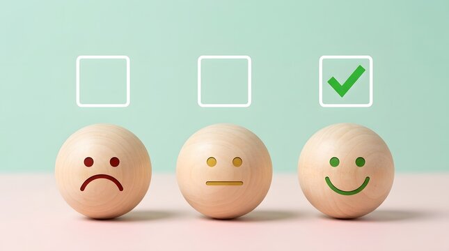 Wooden spheres with customer satisfaction feedback icons on pastel
