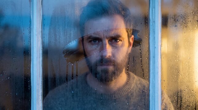 Portrait Through Fogged Glass With Hand Wiping Clear Spot