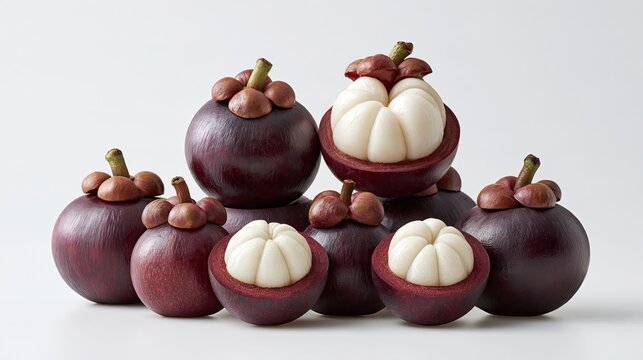 Fresh mangosteen fruits, whole and cut open with white flesh, dark purple rind on light grey simple background, tropical fresh fruit commercial food photography asset